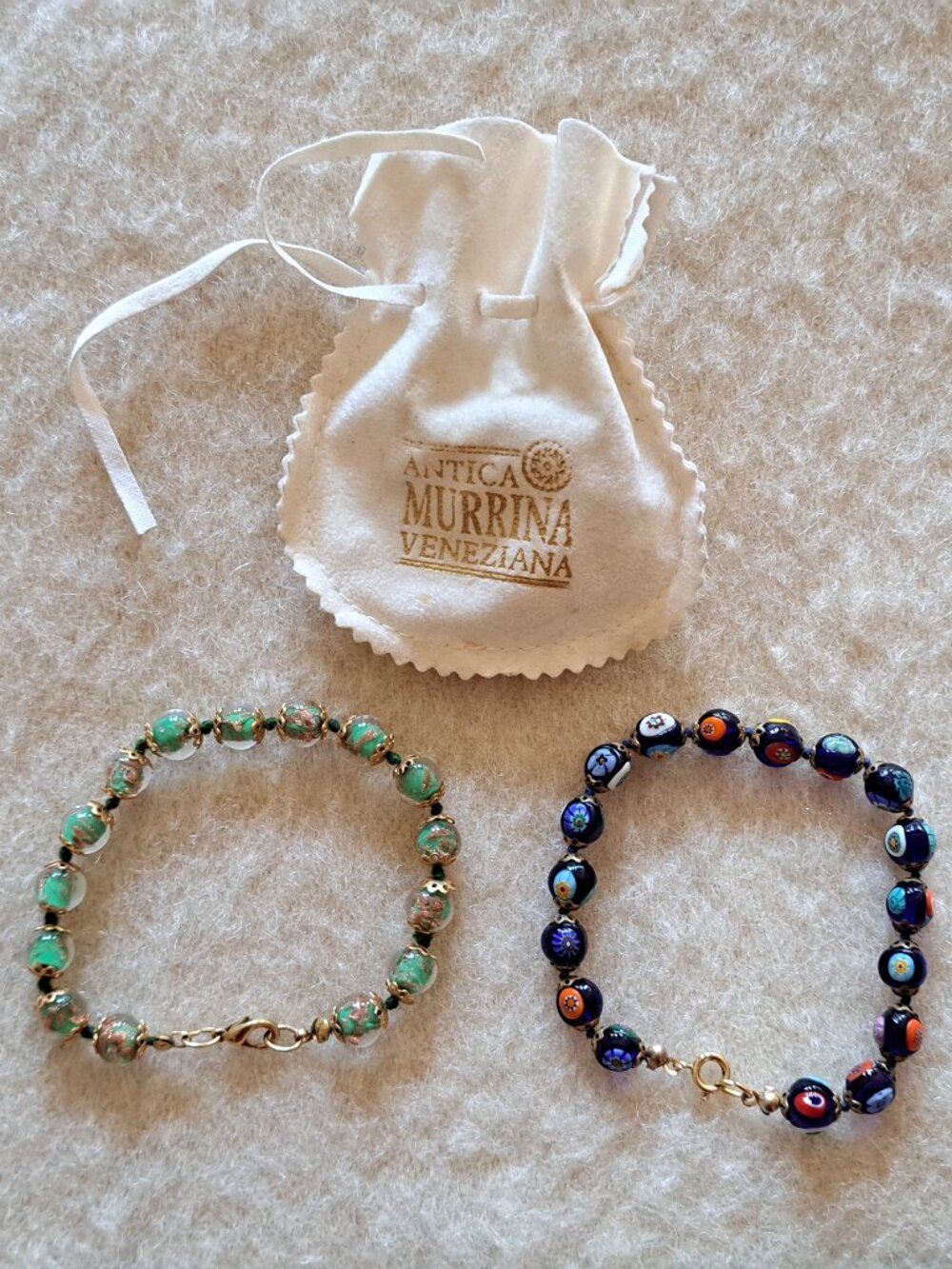 2 Antica Murrina Veneziana glass Venetian bead bracelets and storage pouch